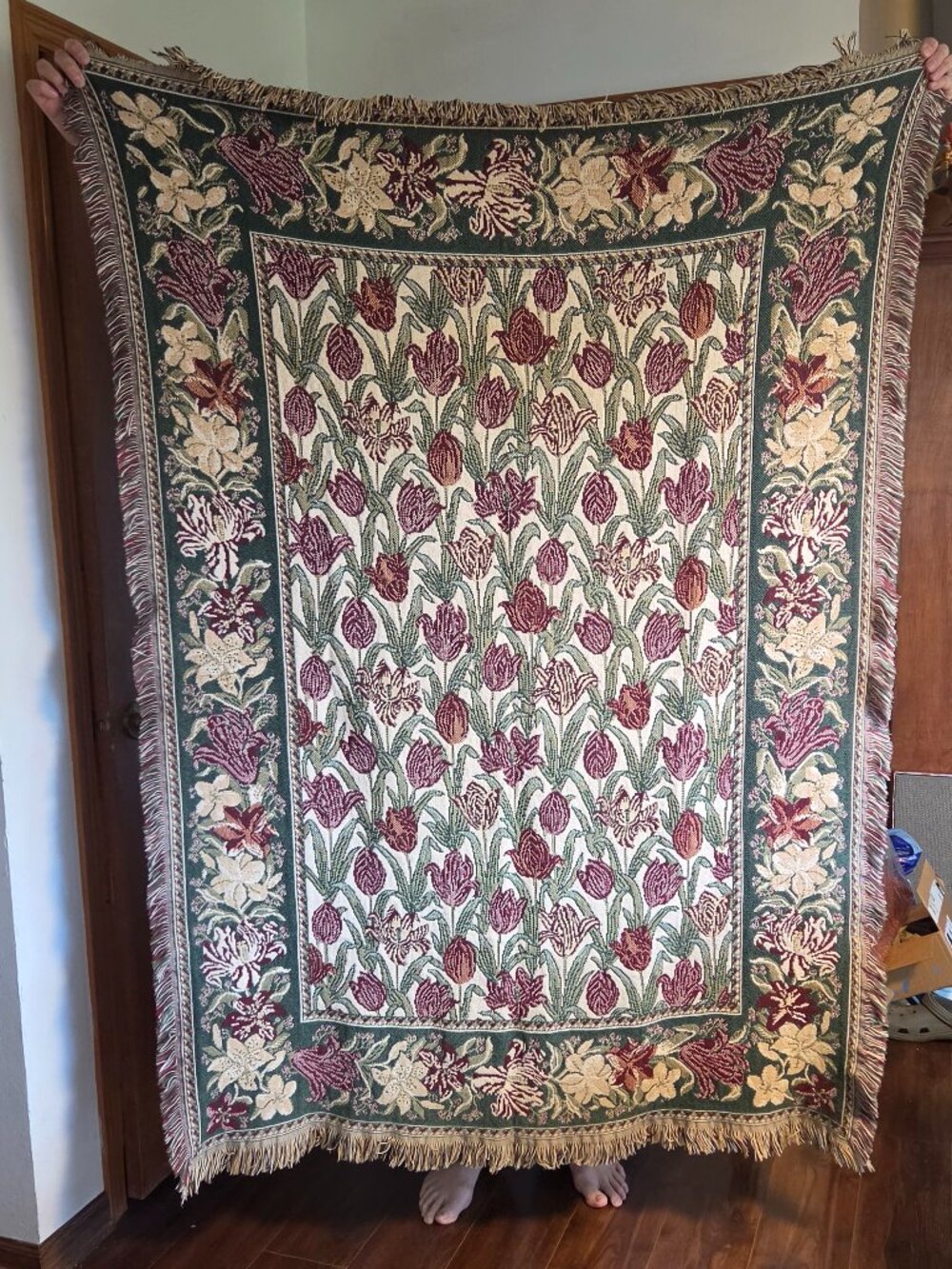 Woven Blanket with Botanical Border and Tulip Pattern- Fringe Edge 50"X 70"